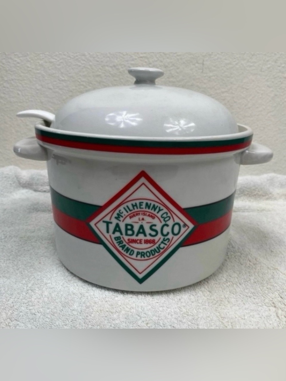 Vintage McIlhenny Co Tabasco Off White Red Green Ceramic Serving Pot With Spoon